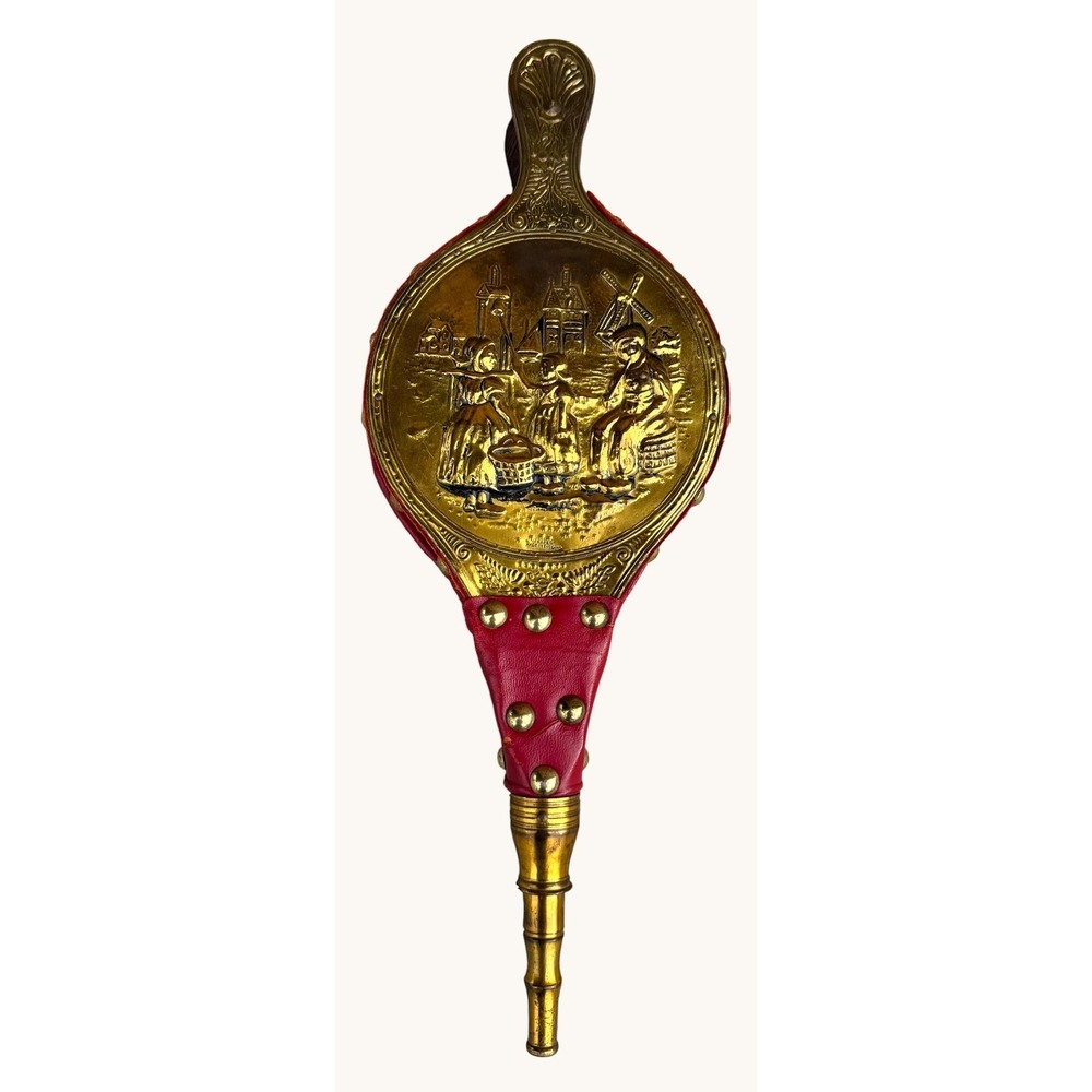 Vintage ELPEC English Brass Fireplace Bellows Red Leather Wood 15" WORKS